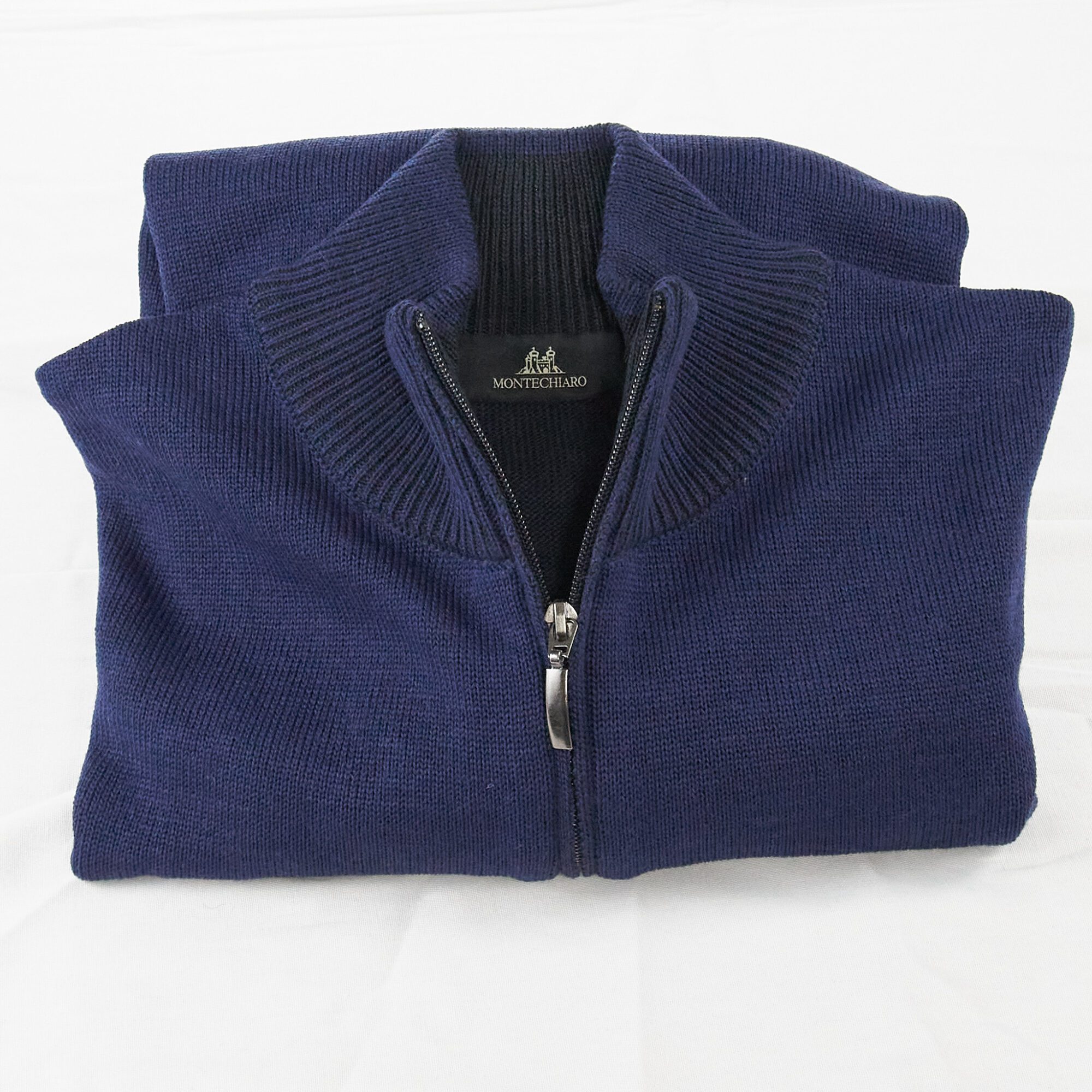 Montechiaro zip in dark blue, luxury Italian knitwear, beautifully designed and made. From Gabucci Bath.