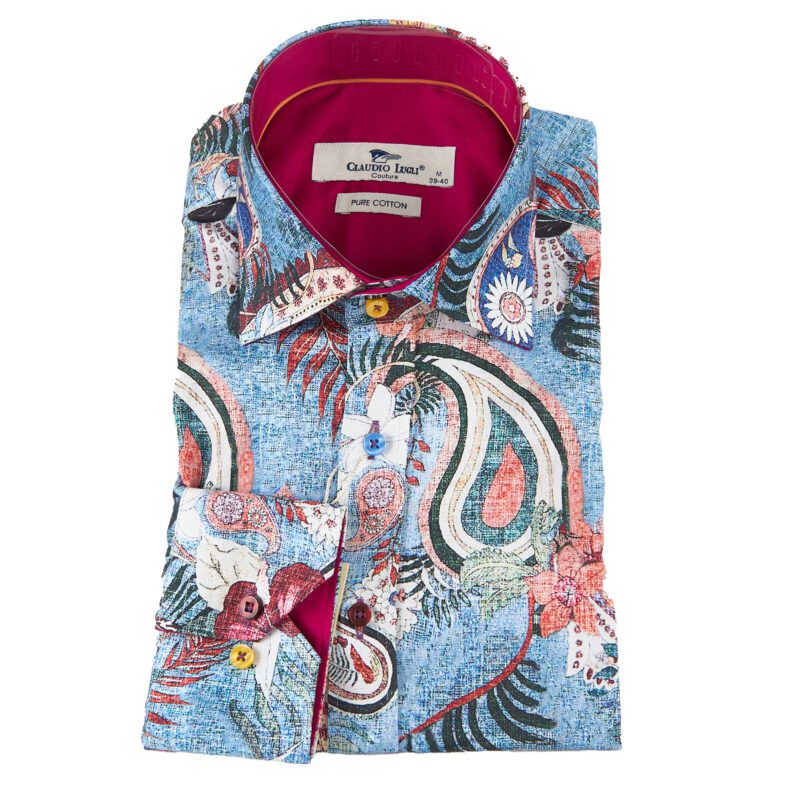 Claudio Lugli blue shirt with large lozenge and flower design and burgundy lining from Gabucci Bath