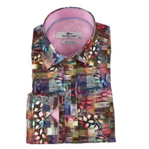 Claudio Lugli black shirt with autumn foliage and animals and pink lining from Gabucci Bath
