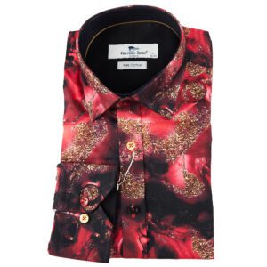 Claudio Lugli black shirt with red and gold swirling design and black lining from Gabucci Bath