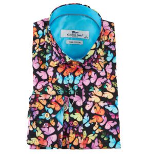 Claudio Lugli black shirt with blue and orange butterflies and blue lining from Gabucci Bath