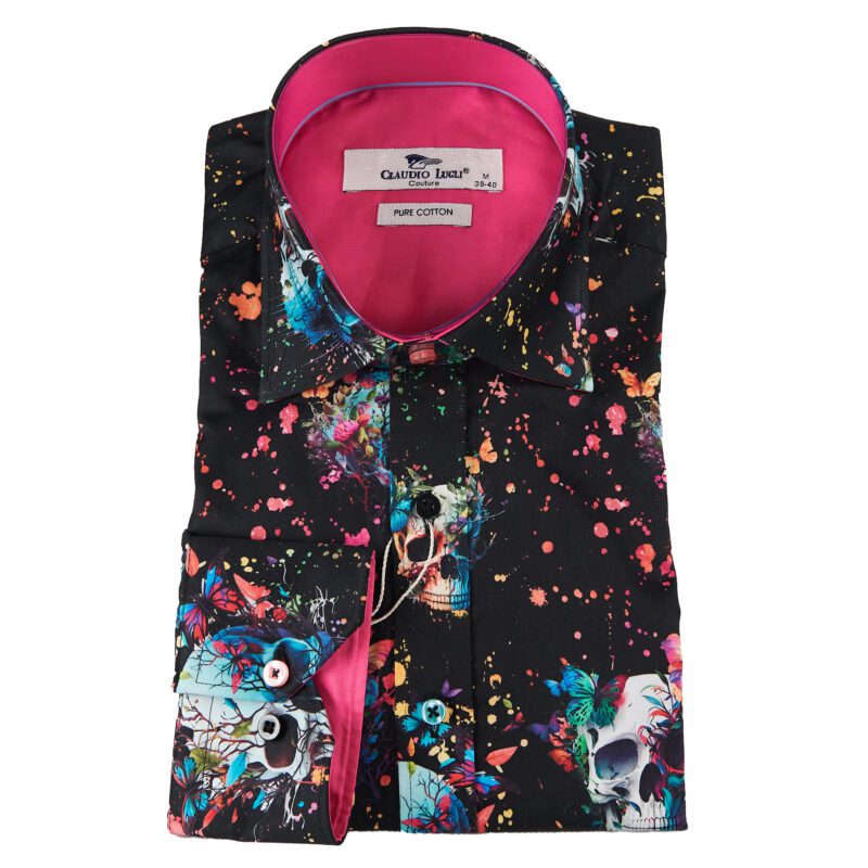 Claudio Lugli black shirt with white skulls, butterflies and foliage and red lining from Gabucci Bath