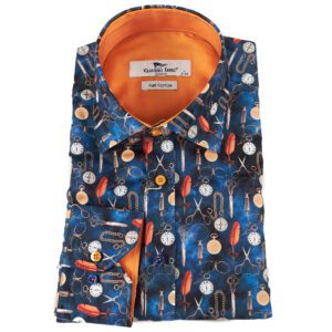 Claudio Lugli blue shirt with classic pocket watches and quills design and orange lining from Gabucci Bath
