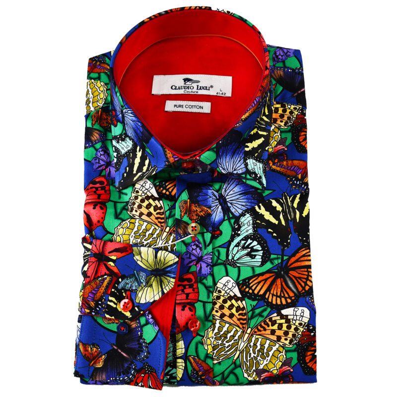 Claudio Lugli blue shirt with large colourful butterflies and a red lining from Gabucci Bath