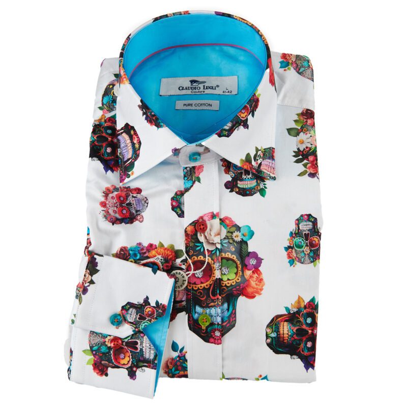 Claudio Lugli white shirt with intricate colourful skulls and a bright blue lining from Gabucci Bath