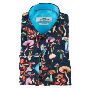 Claudio Lugli black shirt with colourful mushrooms with a blue lining from Gabucci Bath