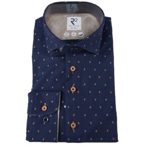 R2 blue shirt with small brown sewn knot design from Gabucci Bath.