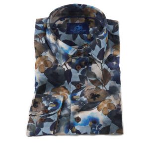 Eden Valley white shirt with large blue and brown flowers and foliage from Gabucci Bath