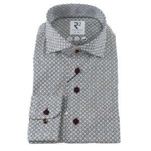 R2 white shirt with small geometric design in blue grey and brown from Gabucci Bath
