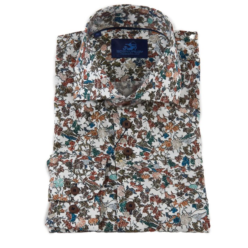 Eden Valley white shirt with small brown, green and rust foliage from Gabucci Bath