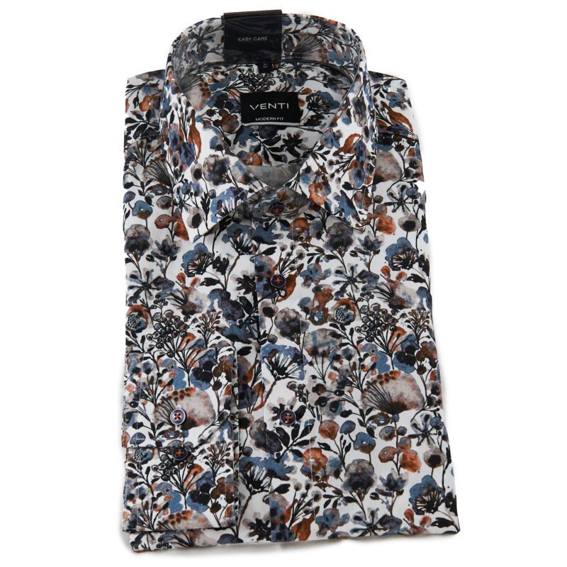 Venti white shirt with blue grey and rust flowers and foliage from Gabucci Bath