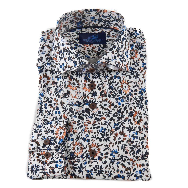 Eden Valley white shirt with small blue and orange flowers and foliage from Gabucci Bath