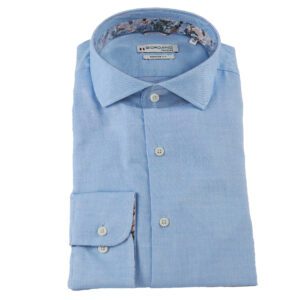 Giordano shirt soft in pale blue with a floral inner collar and cuff lining from Gabucci, Bath.