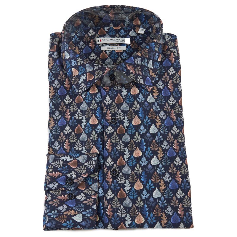 Giordano shirt midnight blue with small grey blue and brown leaves, from Gabucci Bath