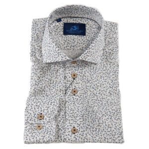 Eden Valley white shirt with tiny blue and brown flowers and foliage from Gabucci Bath