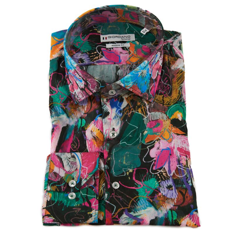Giordano shirt black with large pink and blue flowers green foliage, from Gabucci Bath