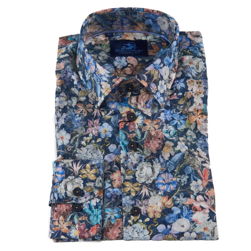 Eden Valley blue shirt with large flowers in blue red blue and brown from Gabucci Bath
