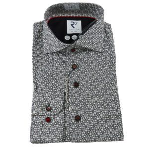 R2 white shirt with small black and grey rectangle and circle design from Gabucci Bath