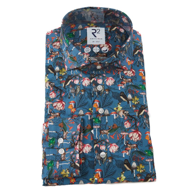 R2 mid blue shirt with small colourful mushrooms deer birds frogs and foliage from Gabucci Bath