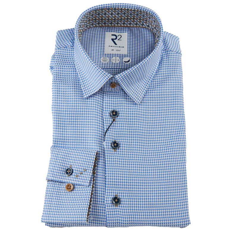 R2 blue dogtooth check shirt with blue and brown inner collar and cuffs from Gabucci Bath