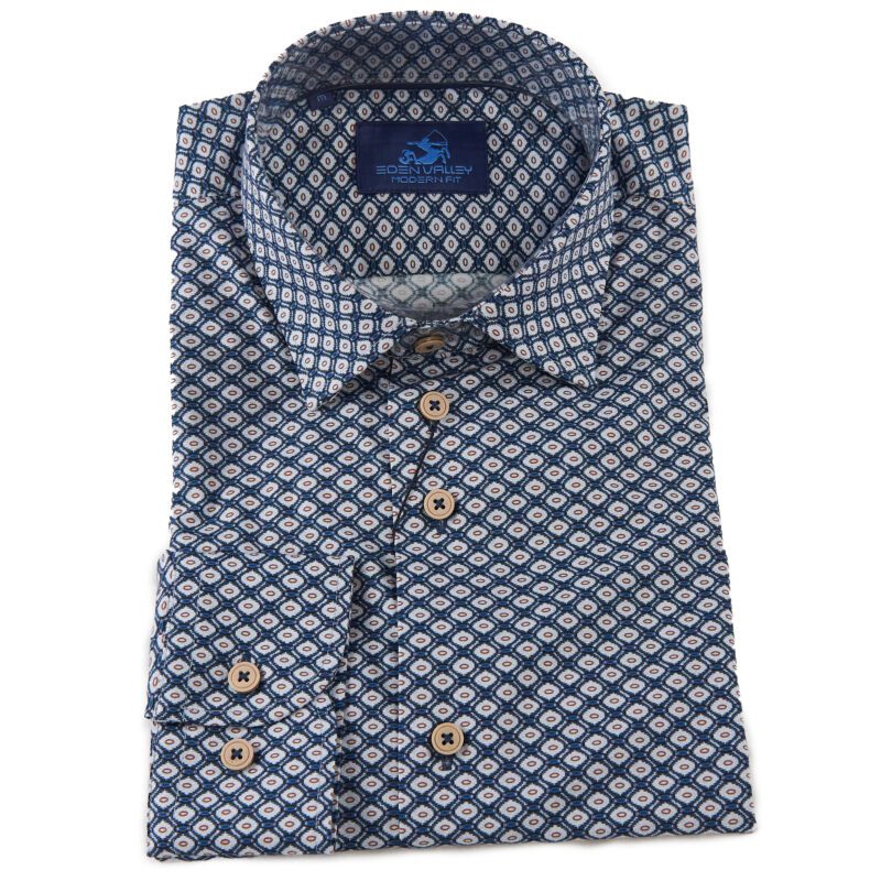 Eden Valley blue shirt with white squares with red circles inside from Gabucci Bath