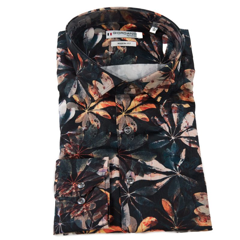 Giordano shirt black with large orange and pink flowers, from Gabucci Bath.