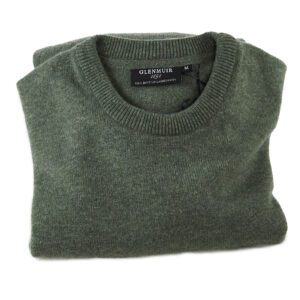 Glenmuir British lambswool jumper in moss green, great for spring and summer evenings, but a must for chillier autumn and winter days, from Gabucci, Bath
