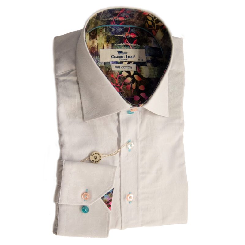 Claudio Lugli white shirt with white floral pattern in relief and colourful floral lining and buttons