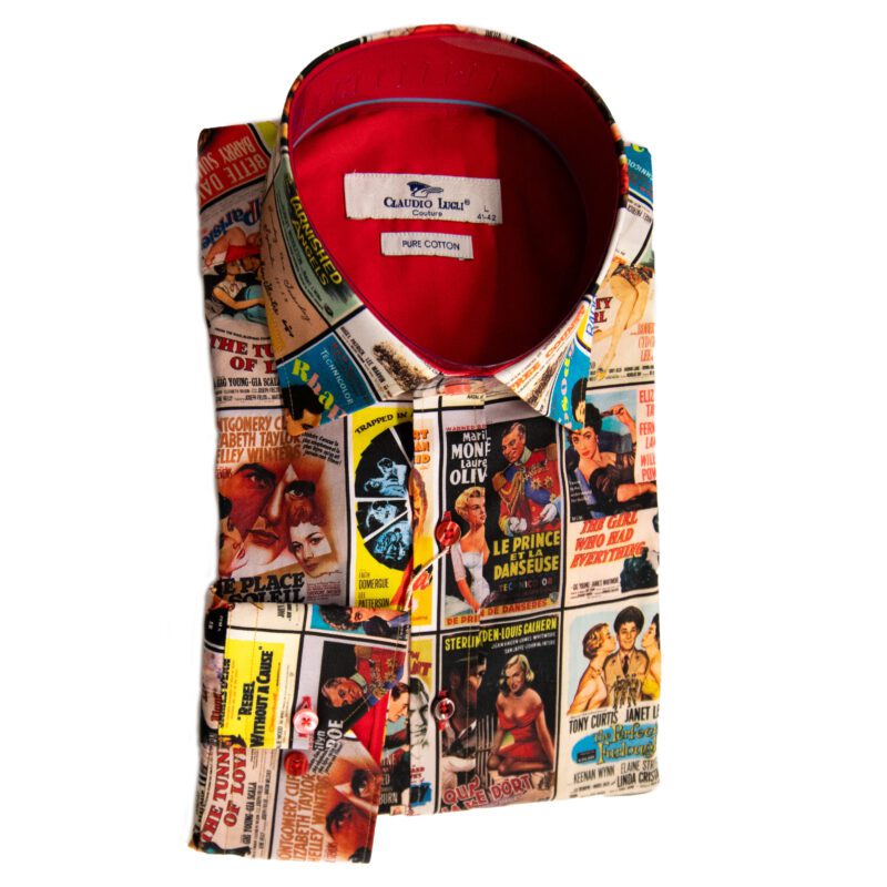 Claudio Lugli shirt with vintage French movie posters and a red lining