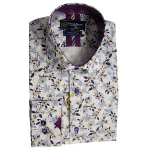 Oscar Banks white shirt with small white flowers dark blue foliage and pale shadows from Gabucci Bath