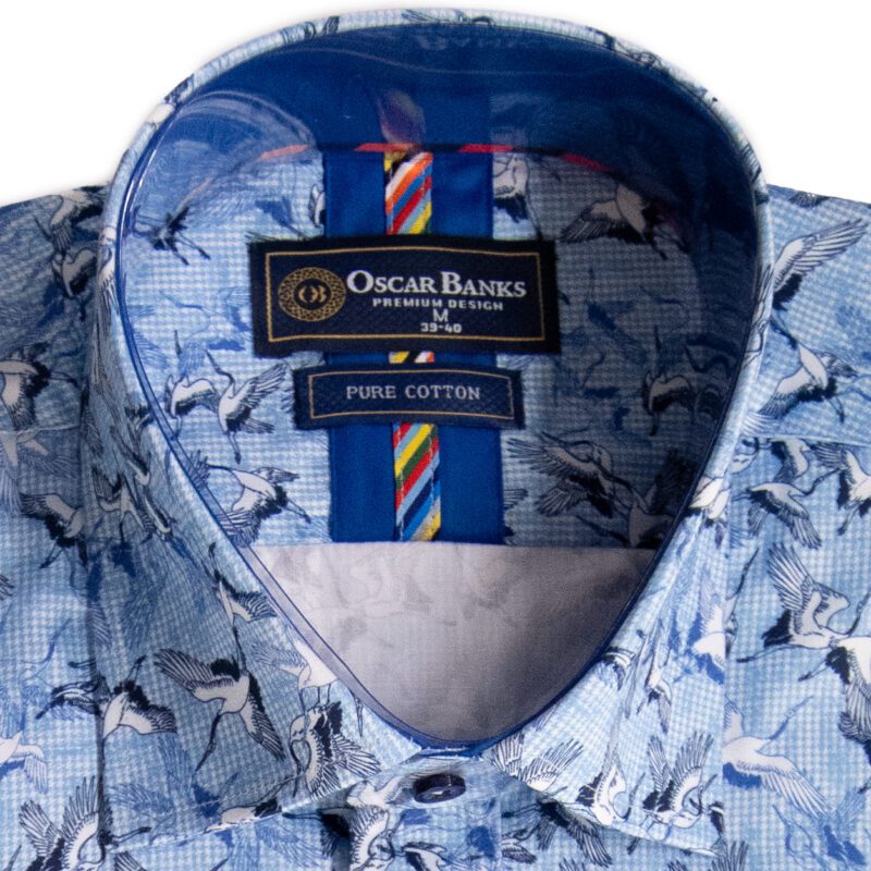 Oscar Banks blue shirt with small white herons on a small blue check background from Gabucci Bath