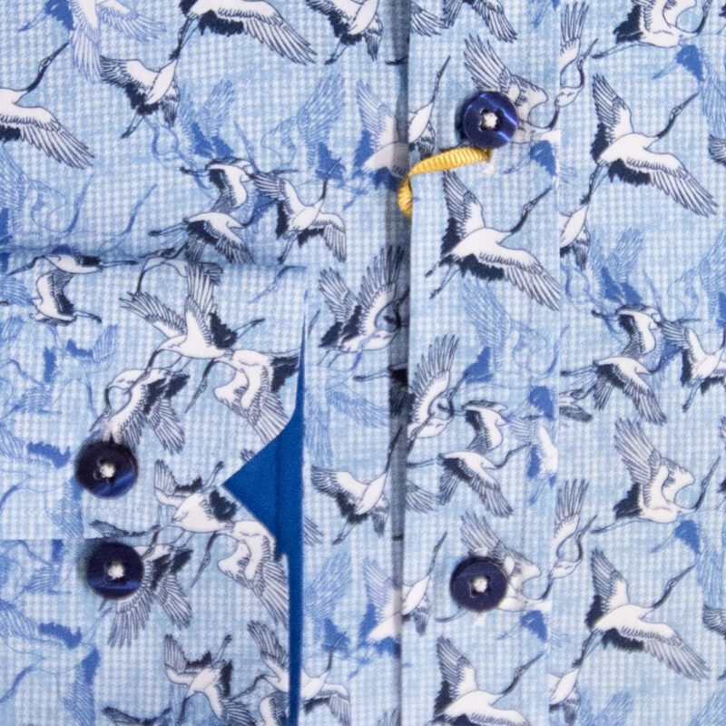 Oscar Banks blue shirt with small white herons on a small blue check background from Gabucci Bath