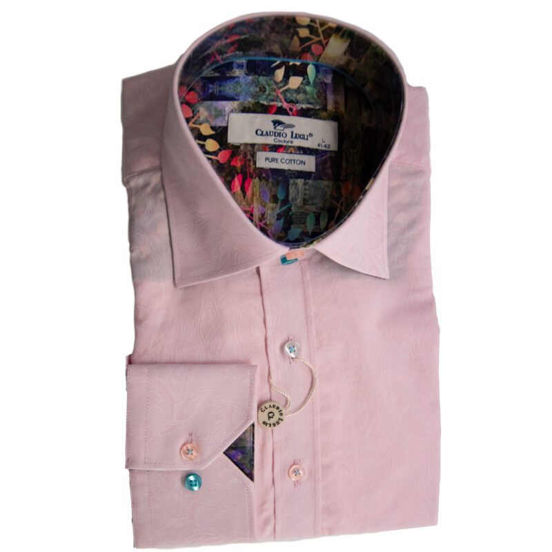 Claudio Lugli pink shirt with white floral pattern in relief and colourful floral lining and buttons
