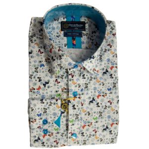 Oscar Banks white shirt with small colourful butterflies and blue buttons