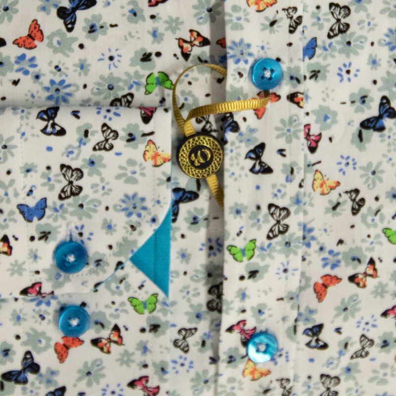 Oscar Banks white shirt with small colourful butterflies and blue buttons