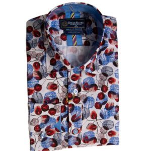 Oscar Banks white shirt with large red and blue leaves