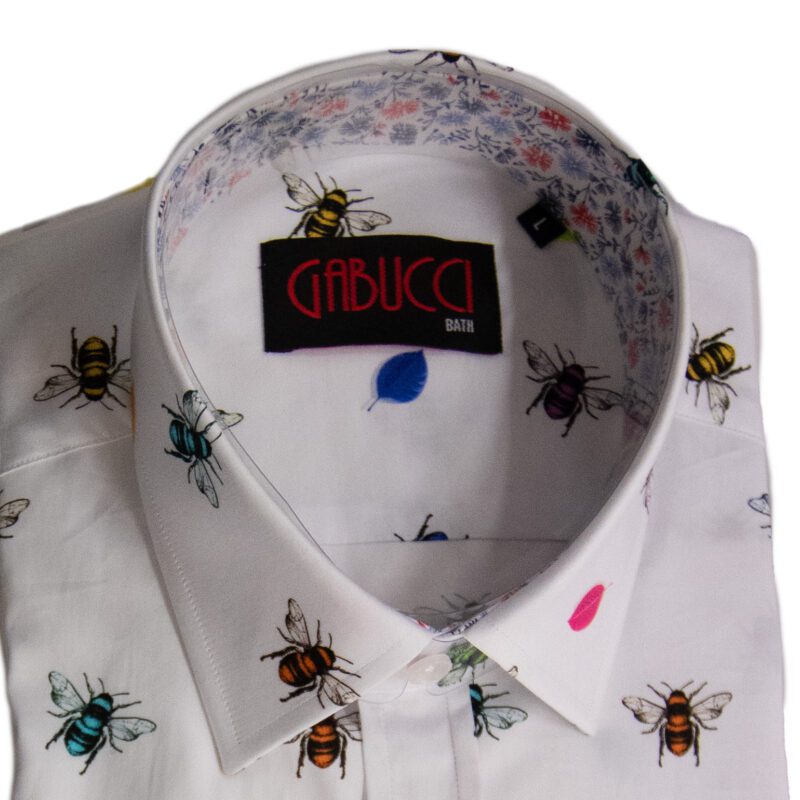 Gabucci white shirt with colourful bumble bees and leaves