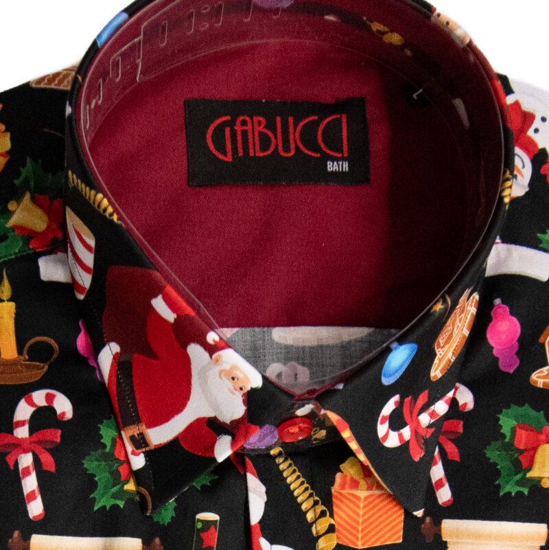 Gabucci black shirt with colourful Santas and Christmas presents