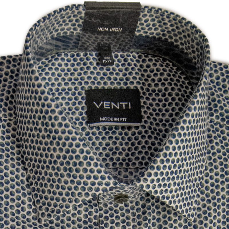 Venti white shirt with rows of small blue and green globes from Gabucci Bath.