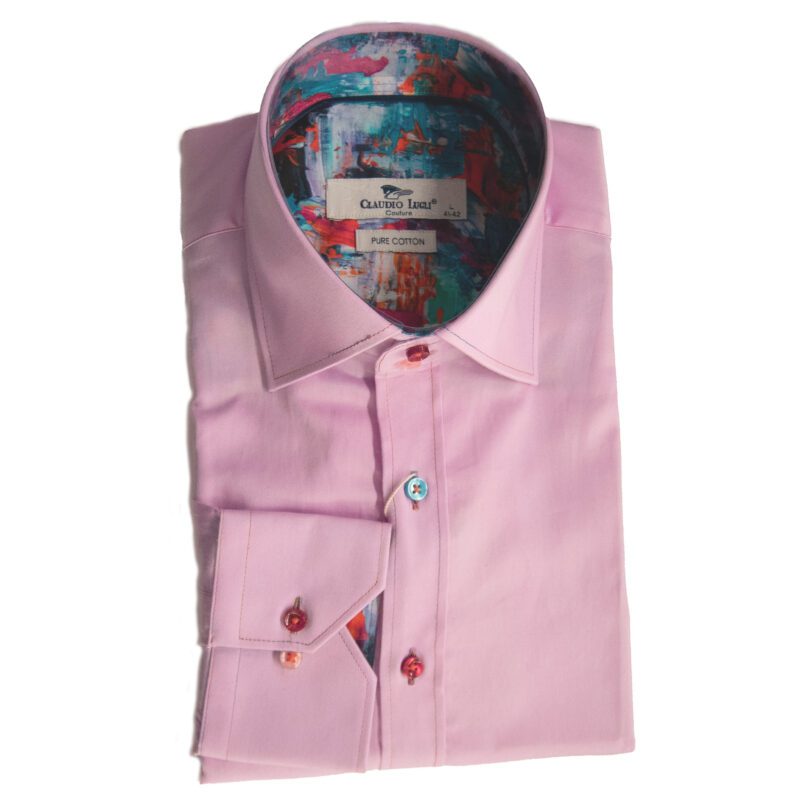 Claudio Lugli shirt in pink with coloureds button and multicoloured lining from Gabucci Bath