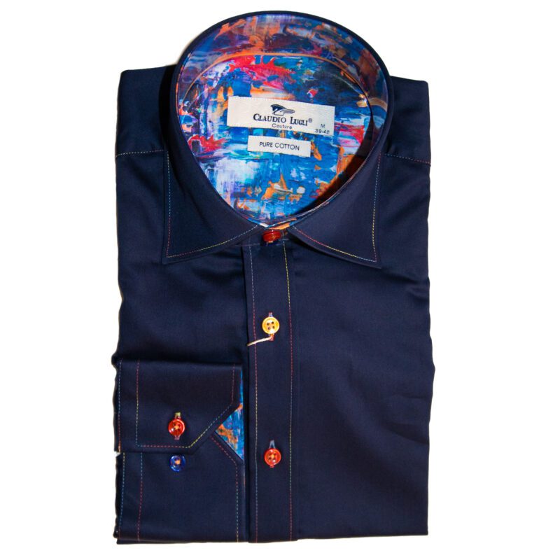 Claudio Lugli shirt in navy blue with coloureds button and multicoloured lining from Gabucci Bath