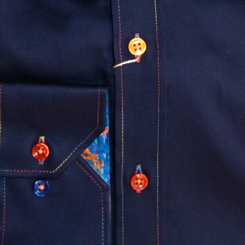 Claudio Lugli shirt in navy blue with coloureds button and multicoloured lining from Gabucci Bath