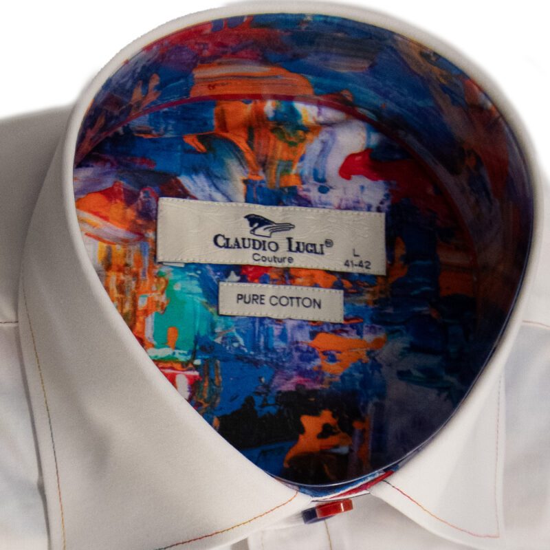 Claudio Lugli shirt in white with coloureds button and multicoloured lining from Gabucci Bath