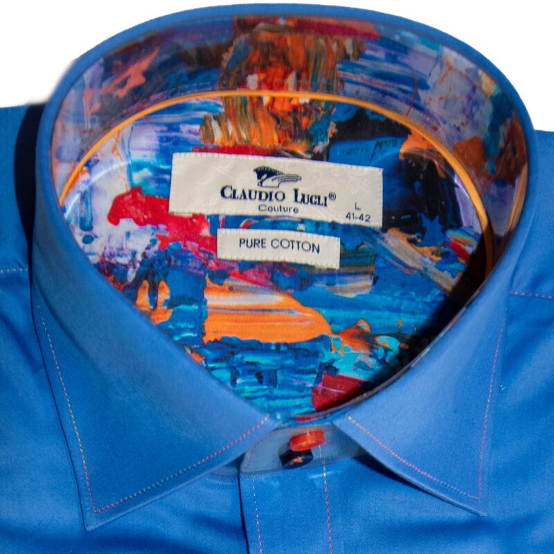 Claudio Lugli shirt in blue with coloured buttons and multicoloured lining from Gabucci Bath