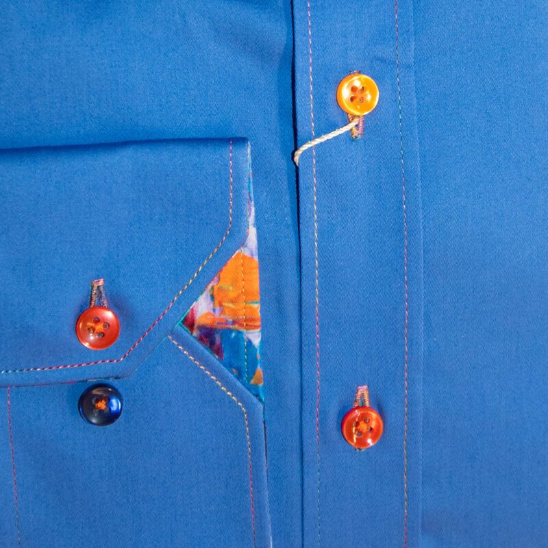 Claudio Lugli shirt in blue with coloured buttons and multicoloured lining from Gabucci Bath