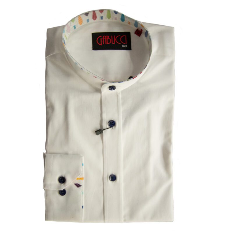Gabucci grandfather shirt in white with coloured buttons and multicoloured lining
