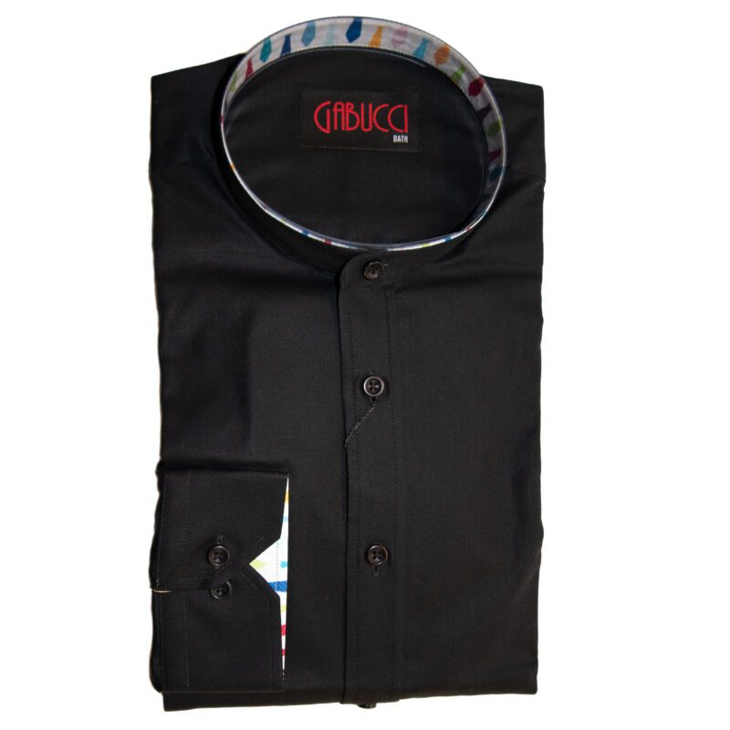 Gabucci grandfather shirt in black with coloured buttons and multicoloured lining
