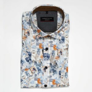 Casa Moda white short sleeved shirt with blue and orange Long Beach inspired design from Gabucci Bath