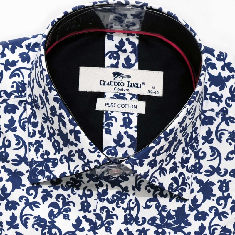 Claudio Lugli shirt in white with dark blue foliage and black lining from Gabucci Bath