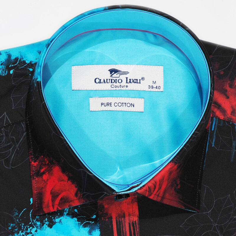 Claudio Lugli shirt in black with blue and red roses bright blue lining from Gabucci Bath